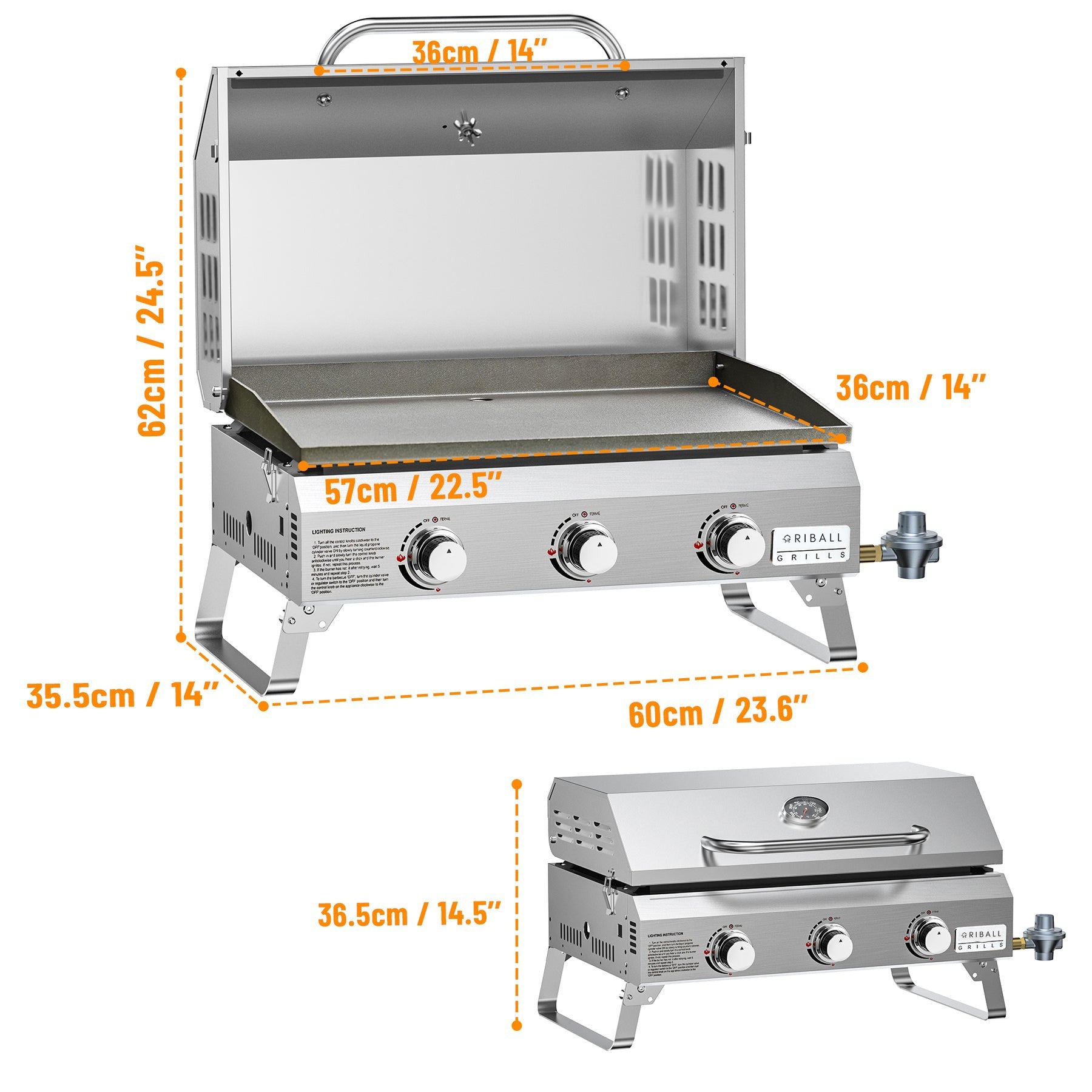 Tabletop Gas Griddle Grill with Lid, 3-Burner