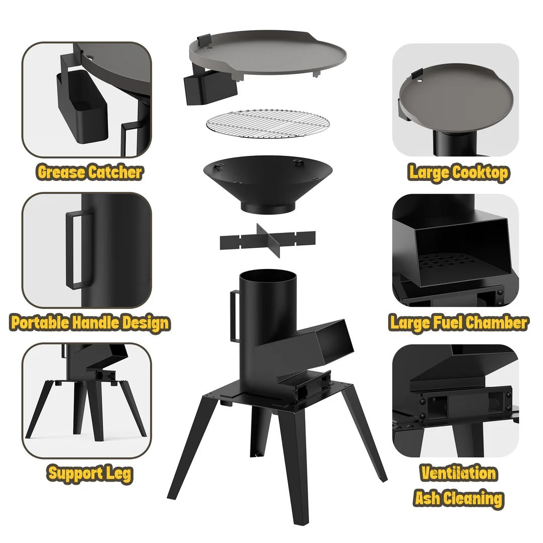 3-in-1 Camp Rocket Stove Kit with BBQ Grate, Griddle, Pot Rack, Portable Wood Burning Stove